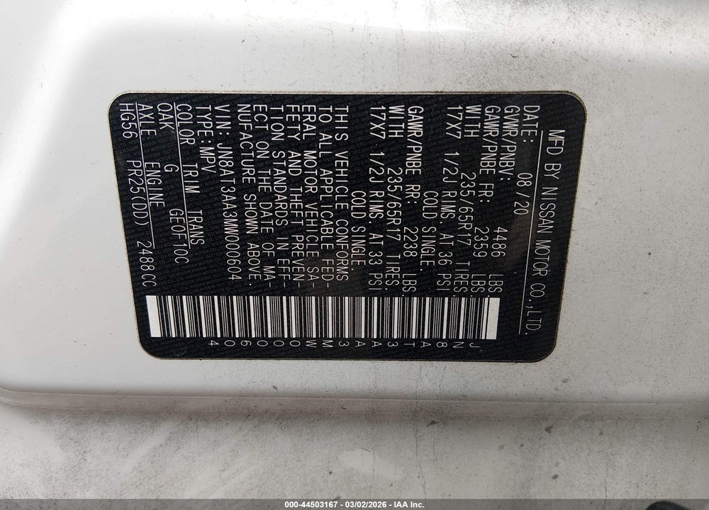 2021 NISSAN ROGUE S FWD VIN: JN8AT3AA3MW000604