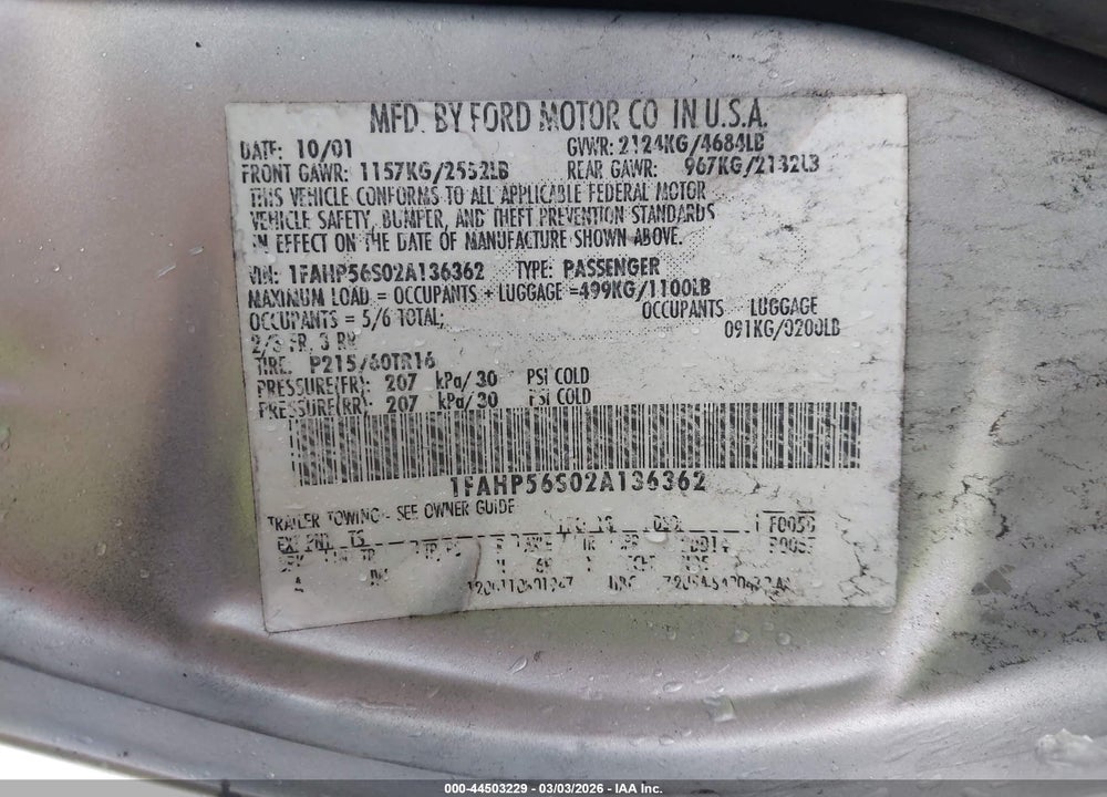 2002 FORD TAURUS SEL VIN: 1FAHP56S02A136362