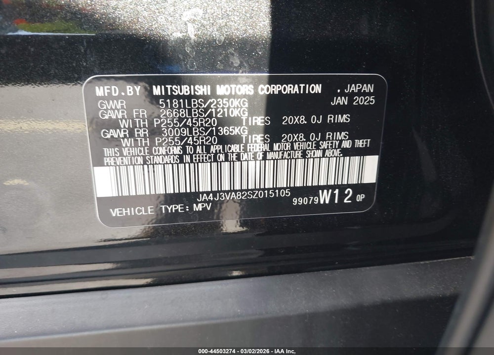 2025 MITSUBISHI OUTLANDER SE 2.5 2WD VIN: JA4J3VA82SZ015105