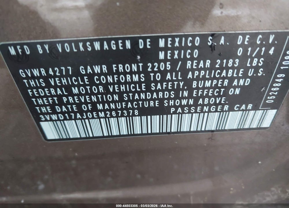 2014 VOLKSWAGEN JETTA 1.8T SE VIN: 3VWD17AJ0EM267378