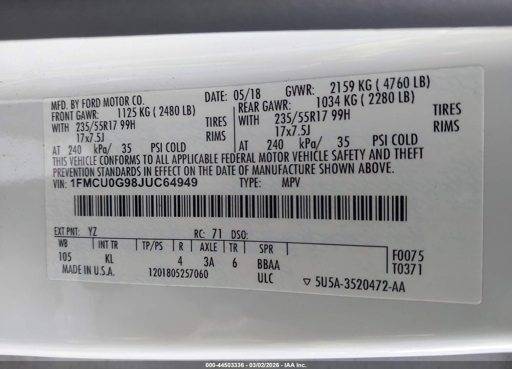 2018 FORD ESCAPE SE VIN: 1FMCU0G98JUC64949