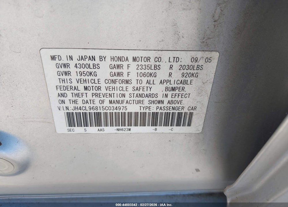 2005 ACURA TSX VIN: JH4CL96815C034975