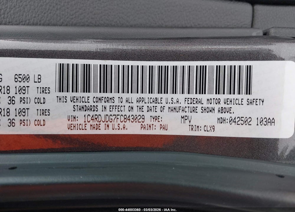 2015 DODGE DURANGO LIMITED VIN: 1C4RDJDG7FC843029