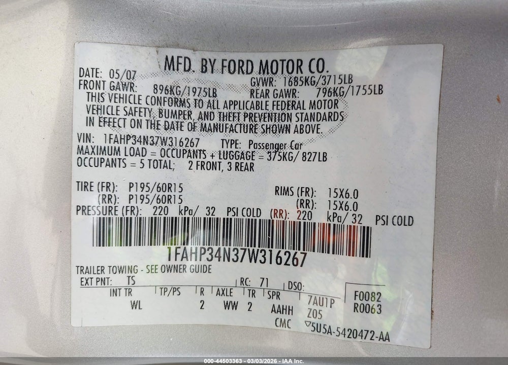 2007 FORD FOCUS S/SE/SES VIN: 1FAHP34N37W316267