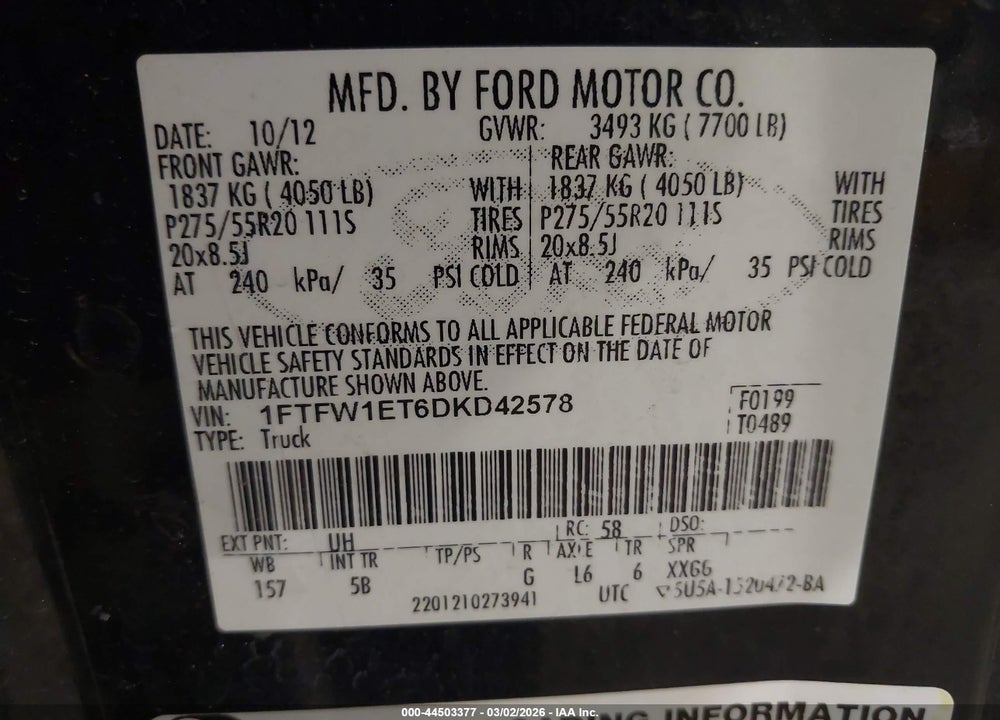 2013 FORD F-150 FX4 VIN: 1FTFW1ET6DKD42578