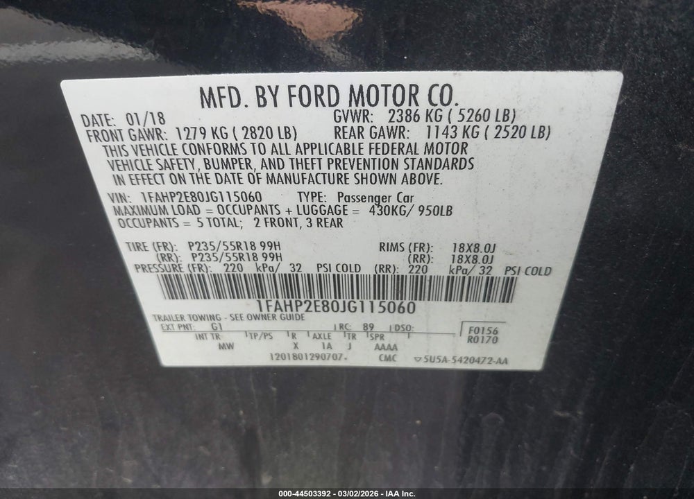 2018 FORD TAURUS SEL VIN: 1FAHP2E80JG115060