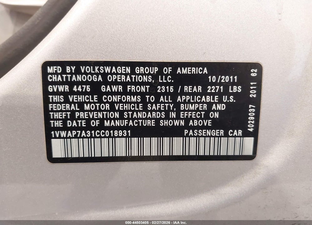 2012 VOLKSWAGEN PASSAT 2.5L S VIN: 1VWAP7A31CC018931