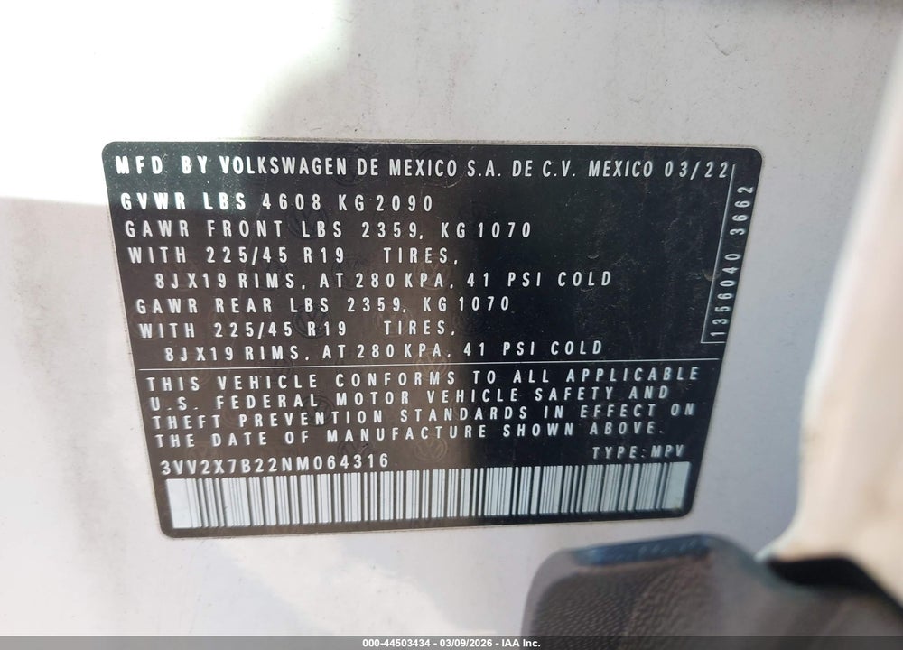 2022 VOLKSWAGEN TAOS 1.5T SEL VIN: 3VV2X7B22NM064316