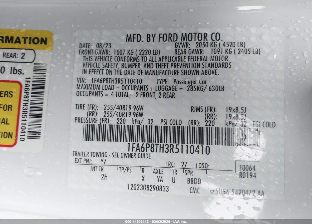 2024 FORD MUSTANG ECOBOOST FASTBACK VIN: 1FA6P8TH3R5110410