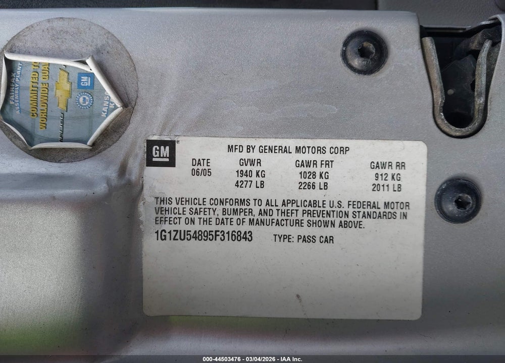 2005 CHEVROLET MALIBU LT VIN: 1G1ZU54895F316843