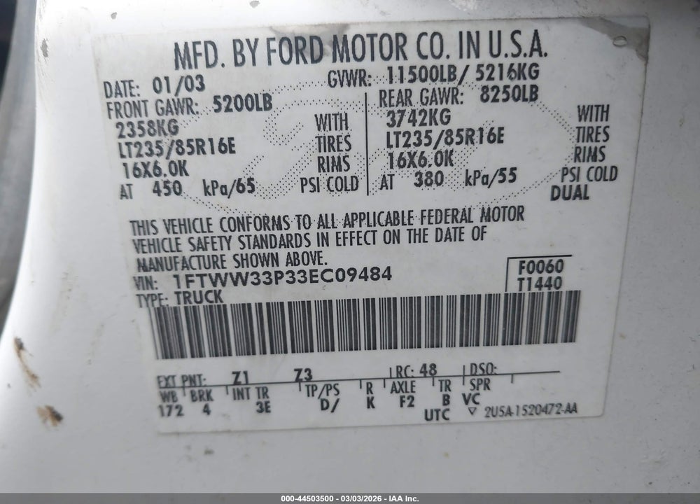 2003 FORD F-350 LARIAT/XL/XLT VIN: 1FTWW33P33EC09484
