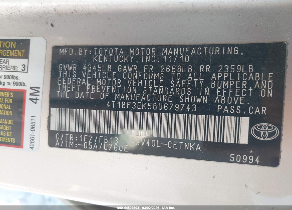 2011 TOYOTA CAMRY VIN: 4T1BF3EK5BU679743