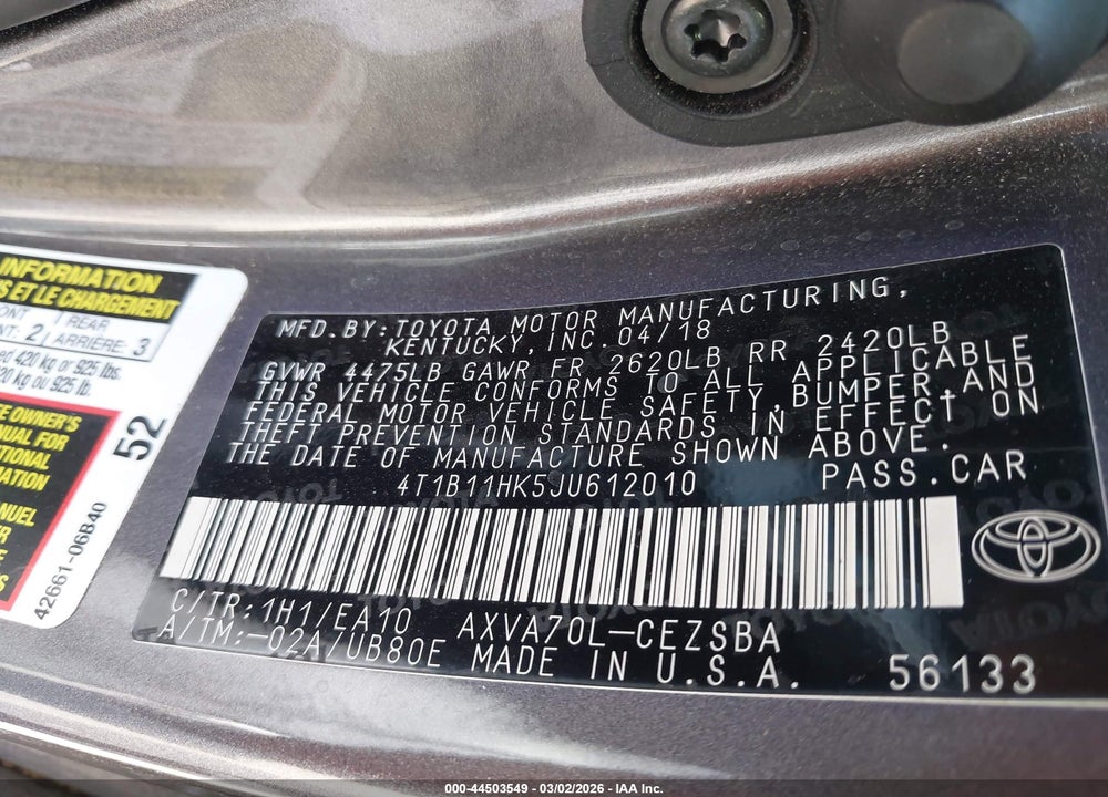 2018 TOYOTA CAMRY SE VIN: 4T1B11HK5JU612010