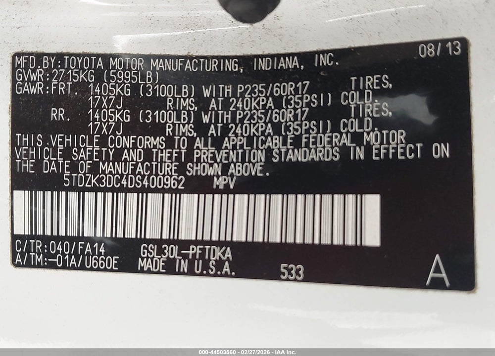 2013 TOYOTA SIENNA L V6 7 PASSENGER VIN: 5TDZK3DC4DS400962