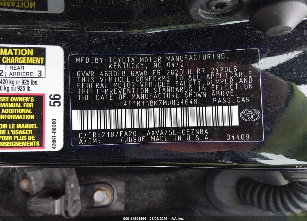 2021 TOYOTA CAMRY LE AWD VIN: 4T1R11BK7MU034648