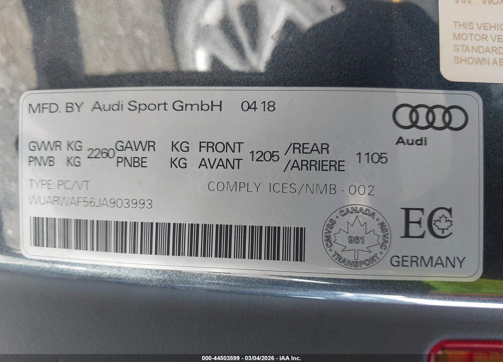 2018 AUDI RS 5 2.9T VIN: WUARWAF56JA903993