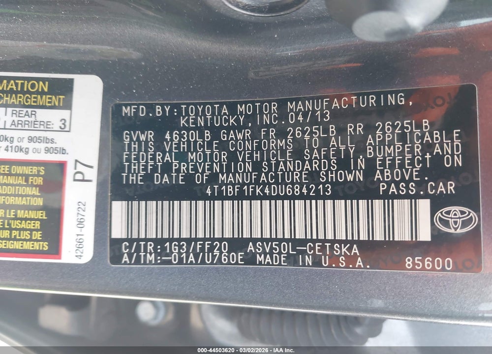 2013 TOYOTA CAMRY SE VIN: 4T1BF1FK4DU684213