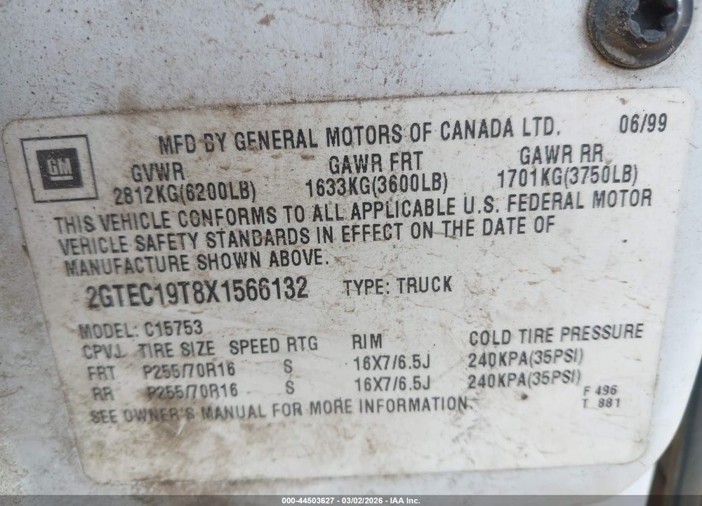 1999 GMC SIERRA 1500 SLE VIN: 2GTEC19T8X1566132