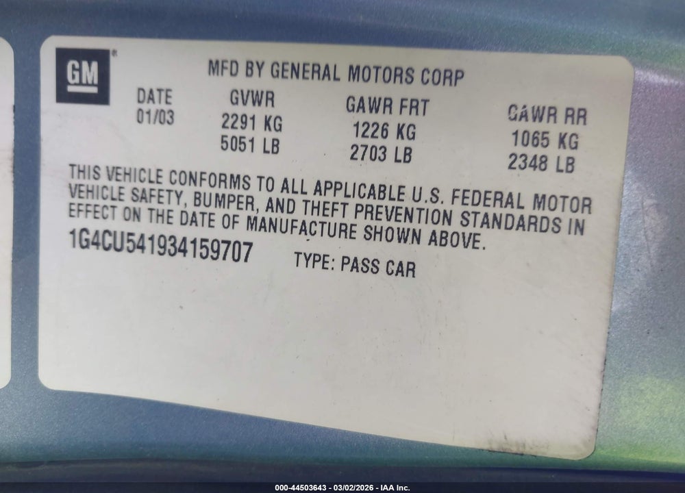 2003 BUICK PARK AVENUE ULTRA VIN: 1G4CU541934159707