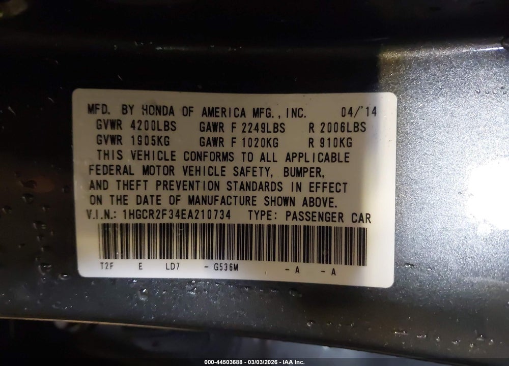 2014 HONDA ACCORD LX VIN: 1HGCR2F34EA210734