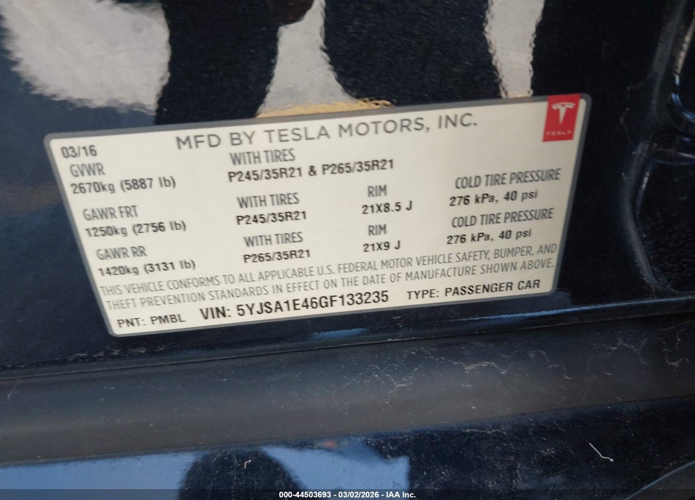 2016 TESLA MODEL S 90D/P100D/P85D/P90D VIN: 5YJSA1E46GF133235