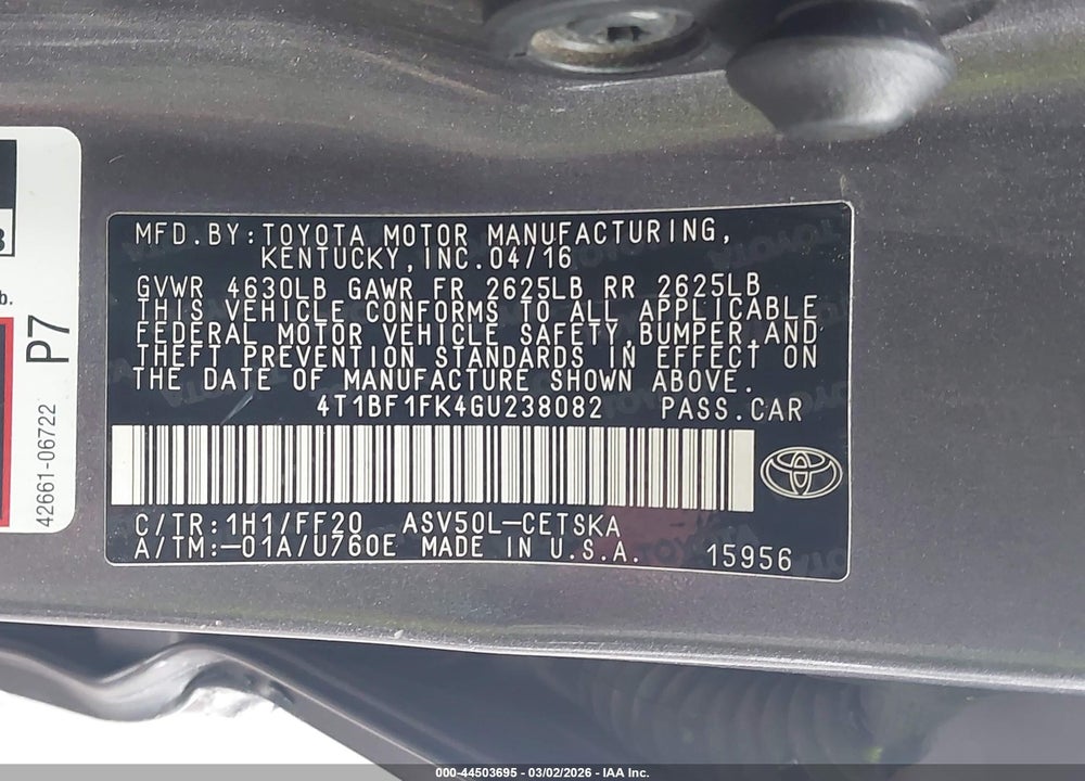 2016 TOYOTA CAMRY SE VIN: 4T1BF1FK4GU238082