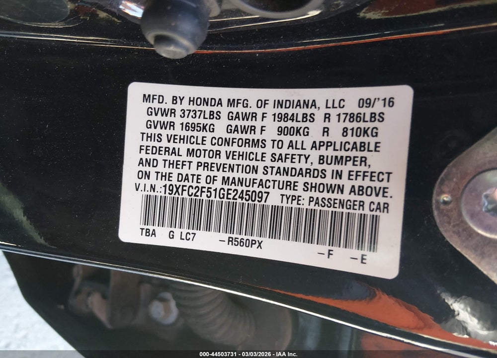 2016 HONDA CIVIC LX VIN: 19XFC2F51GE245097