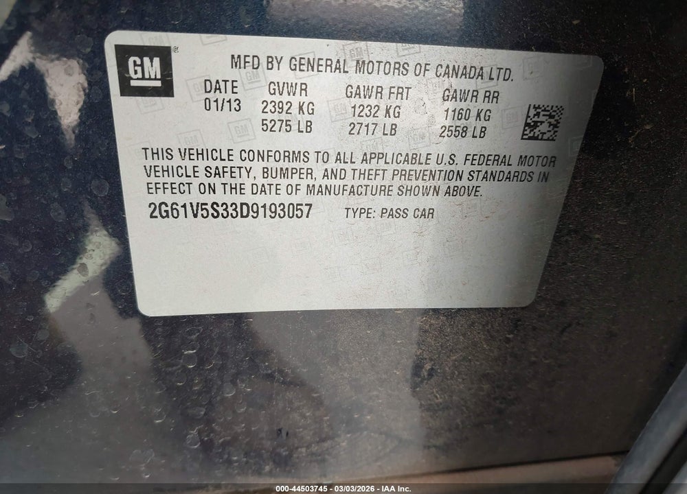 2013 CADILLAC XTS PLATINUM VIN: 2G61V5S33D9193057