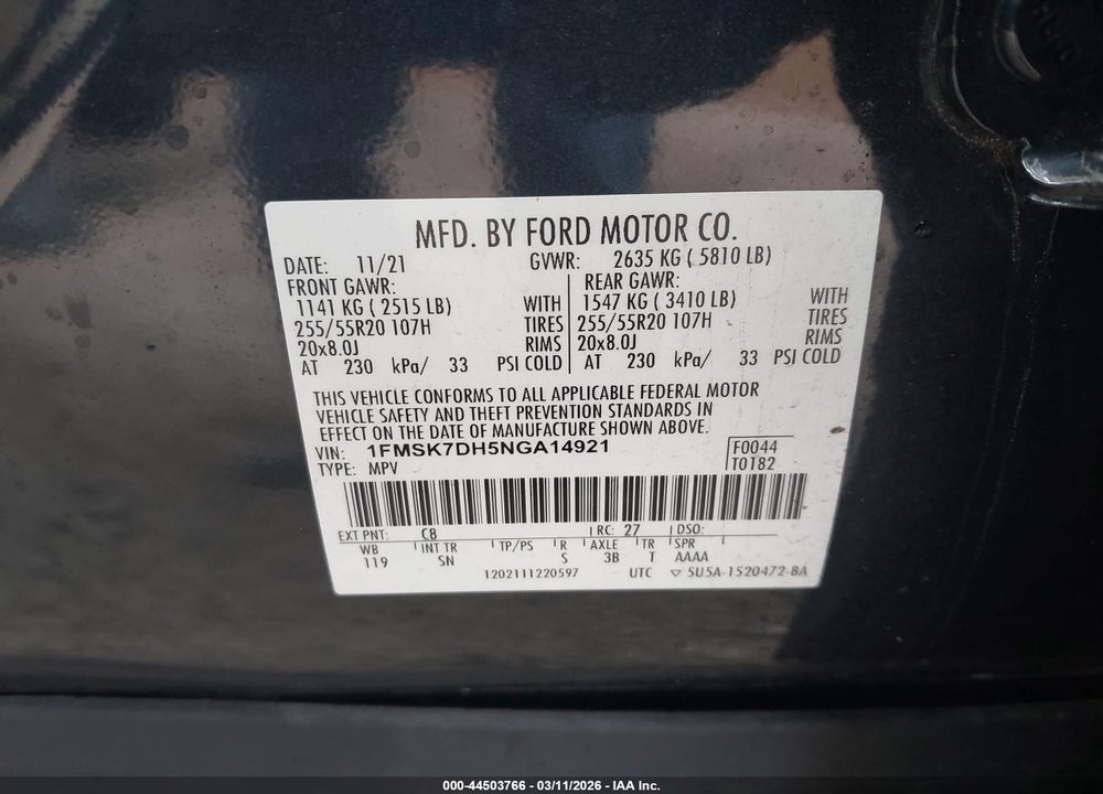 2022 FORD EXPLORER XLT VIN: 1FMSK7DH5NGA14921