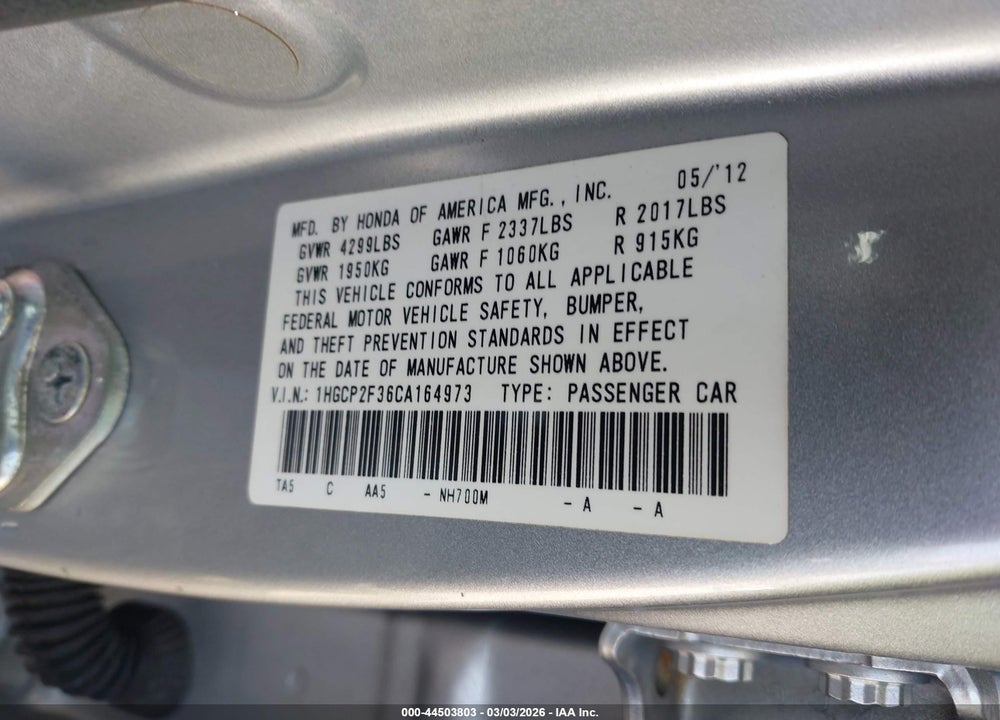 2012 HONDA ACCORD 2.4 LX VIN: 1HGCP2F36CA164973