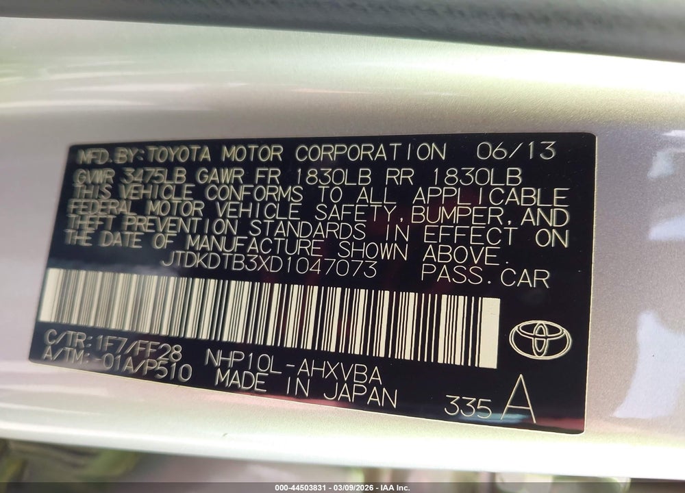 2013 TOYOTA PRIUS C TWO VIN: JTDKDTB3XD1047073