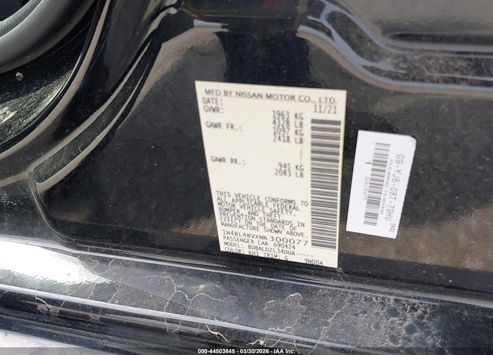 2022 NISSAN ALTIMA S FWD VIN: 1N4BL4BVXNN300077
