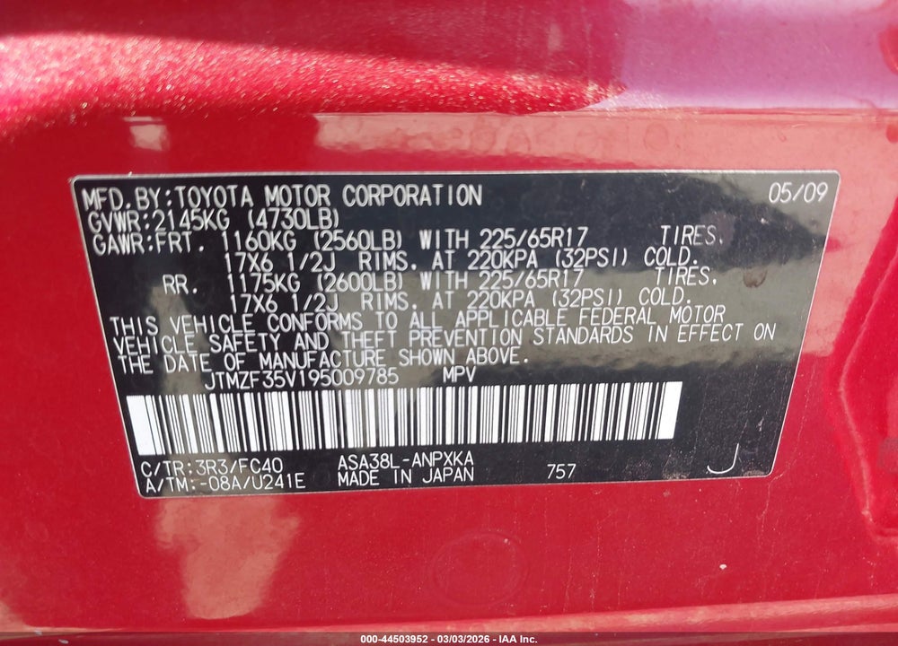 2009 TOYOTA RAV4 VIN: JTMZF35V195009785