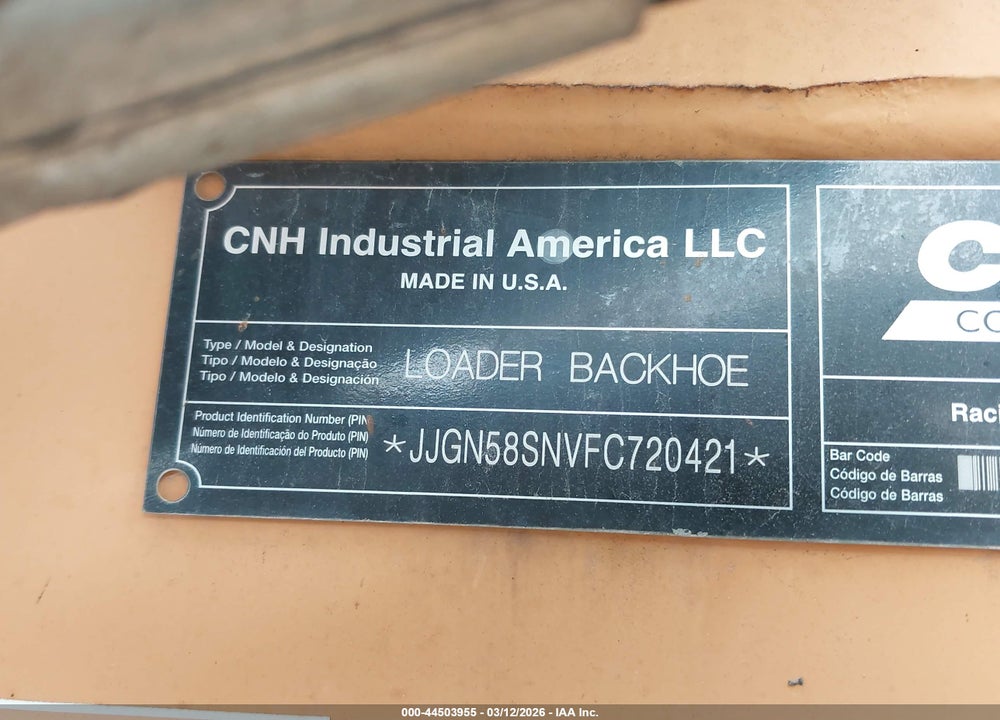 2015 CASE 580 VIN: JJGN58SNVFC720421