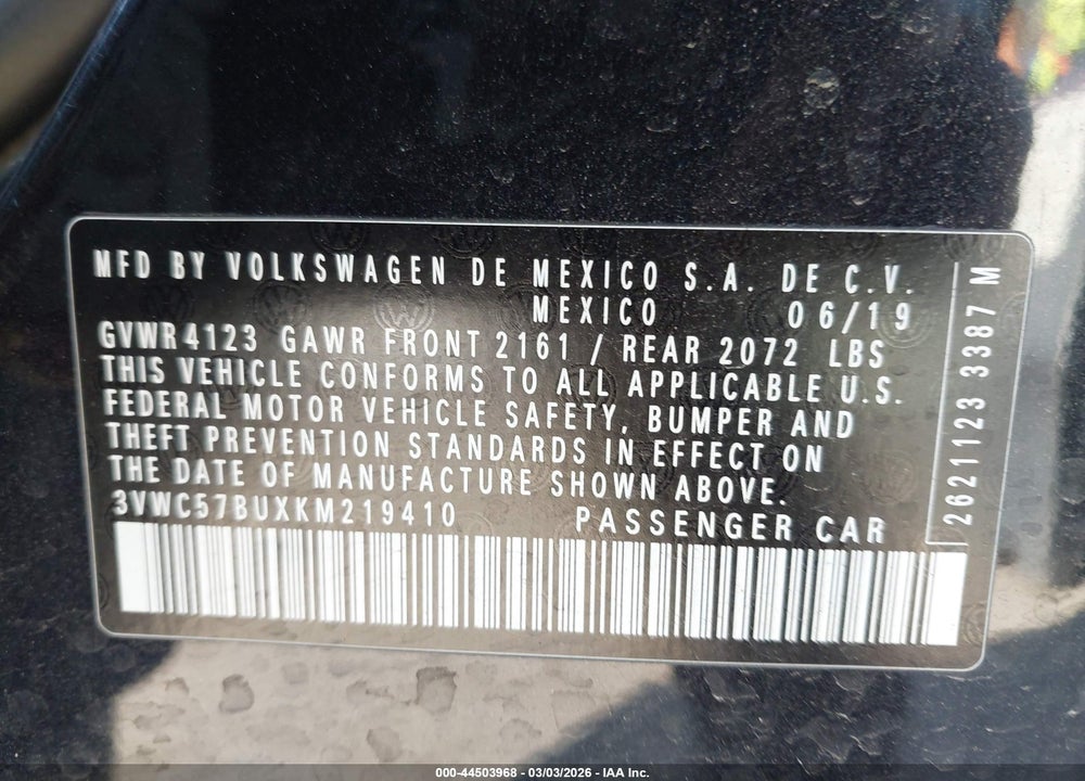 2019 VOLKSWAGEN JETTA 1.4T R-LINE/1.4T S/1.4T SE VIN: 3VWC57BUXKM219410