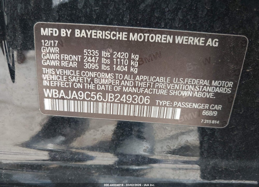 2018 BMW 530E IPERFORMANCE VIN: WBAJA9C56JB249306