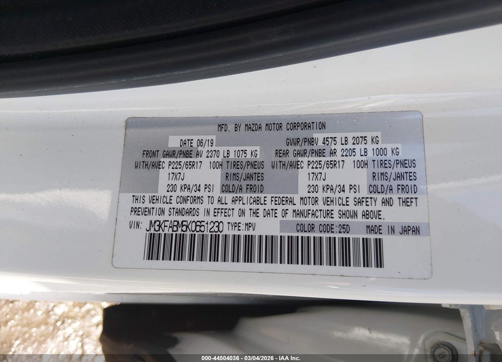 2019 MAZDA CX-5 SPORT VIN: JM3KFABM5K0651230