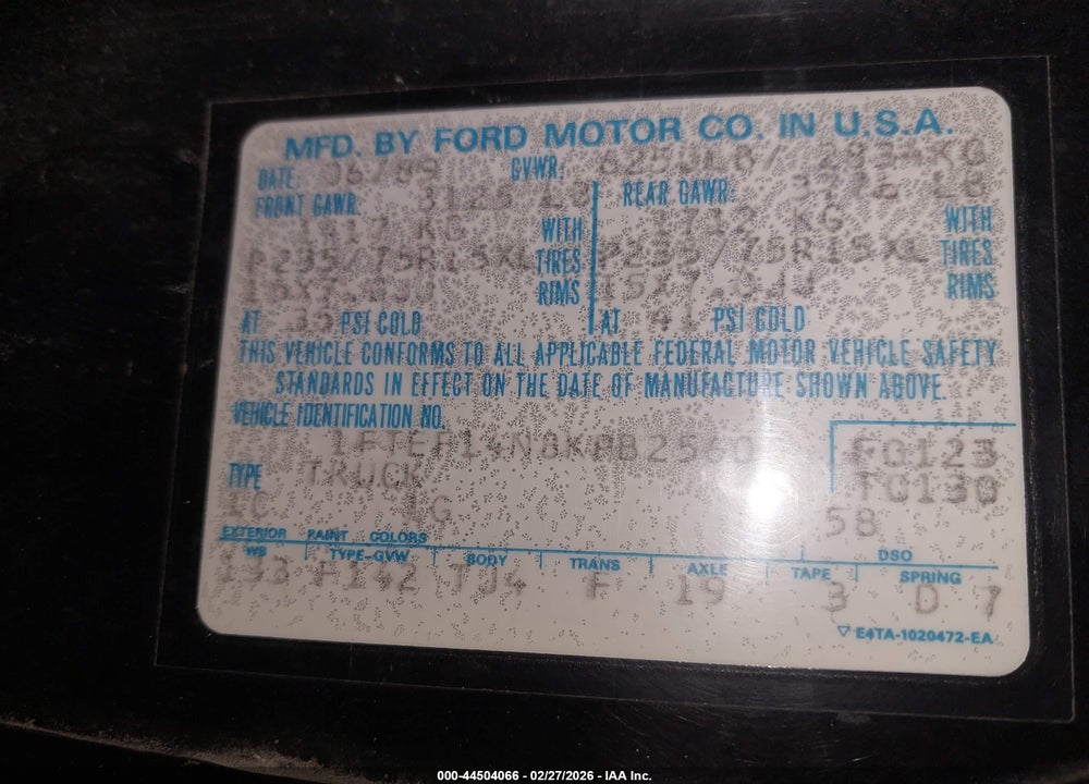 1989 FORD F150 VIN: 1FTEF14N8KPB25600