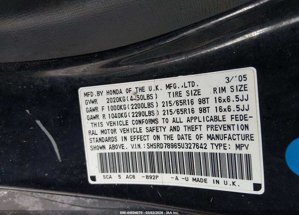 2005 HONDA CR-V SE VIN: SHSRD78965U327642