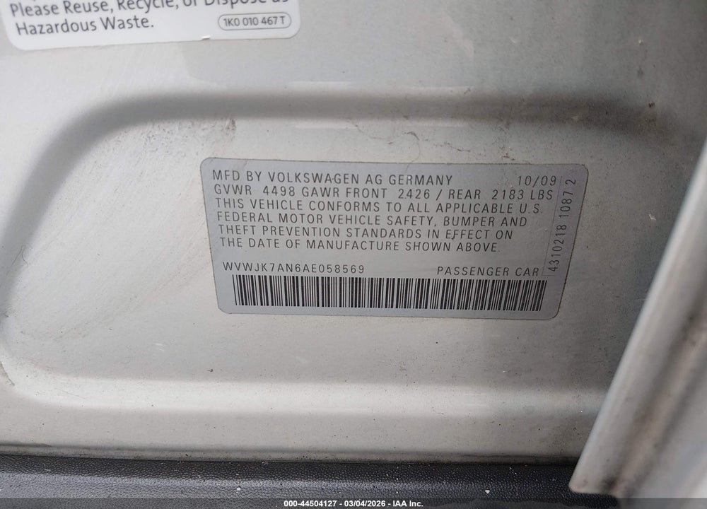 2010 VOLKSWAGEN PASSAT KOMFORT VIN: WVWJK7AN6AE058569