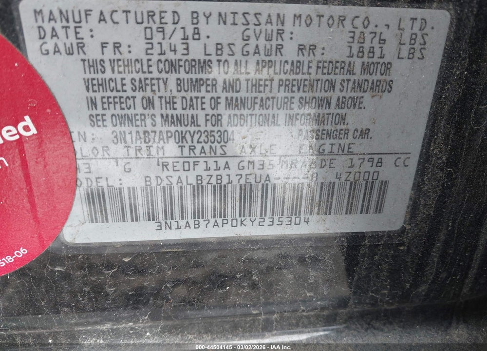 2019 NISSAN SENTRA S VIN: 3N1AB7AP0KY235304