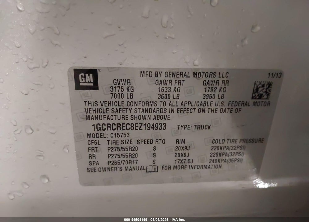 2014 CHEVROLET SILVERADO 1500 1LT VIN: 1GCRCREC8EZ194933