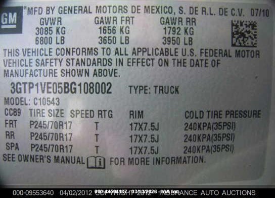 2011 GMC SIERRA 1500 VIN: 3GTP1VE05BG108002