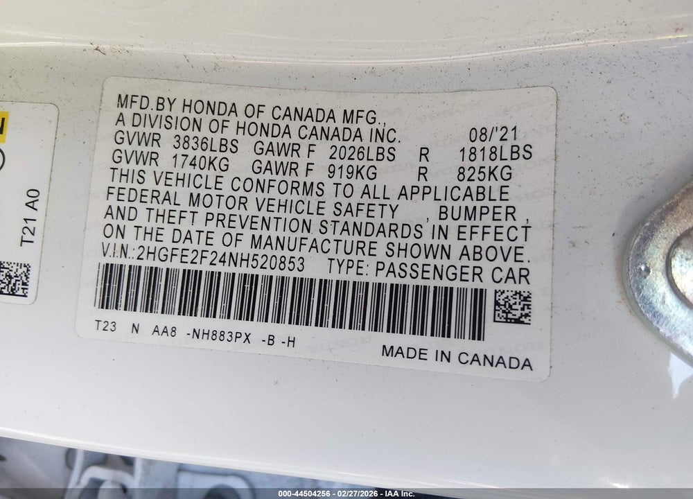 2022 HONDA CIVIC LX VIN: 2HGFE2F24NH520853
