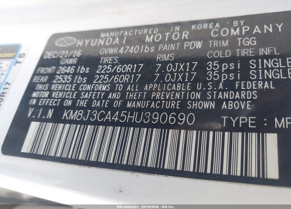 2017 HYUNDAI TUCSON SE VIN: KM8J3CA45HU390690