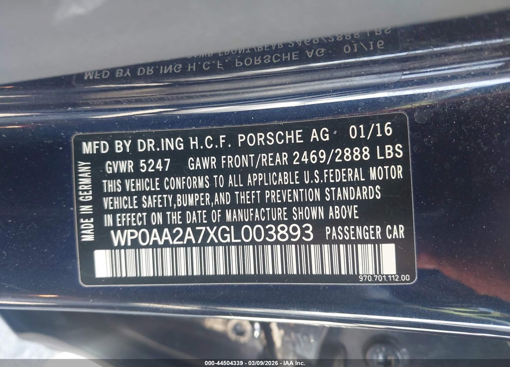 2016 PORSCHE PANAMERA 4 VIN: WP0AA2A7XGL003893