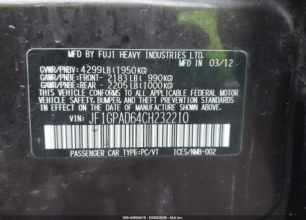 2012 SUBARU IMPREZA 2.0I PREMIUM VIN: JF1GPAD64CH232210