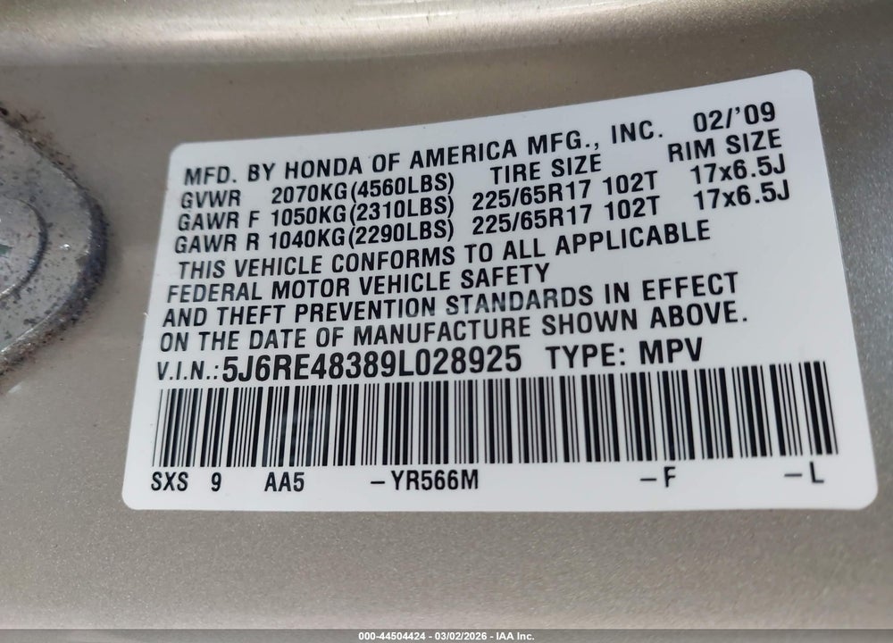 2009 HONDA CR-V LX VIN: 5J6RE48389L028925