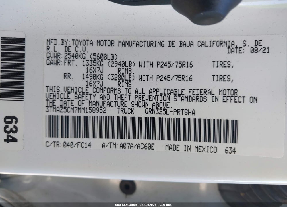 2021 TOYOTA TACOMA SR5 V6 VIN: 3TMAZ5CN7MM158952