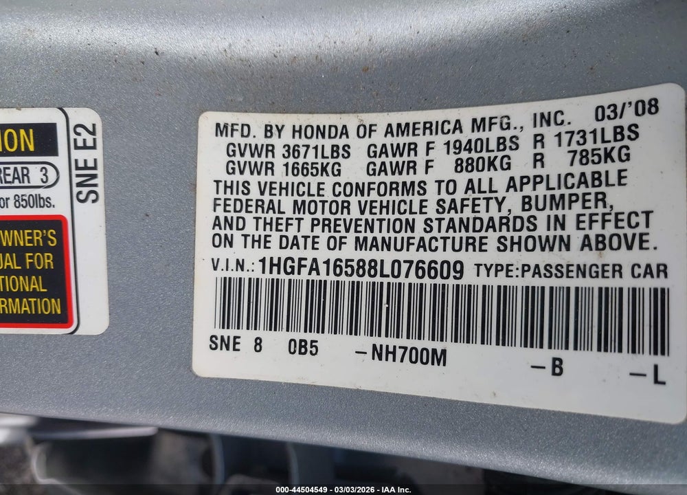2008 HONDA CIVIC LX VIN: 1HGFA16588L076609